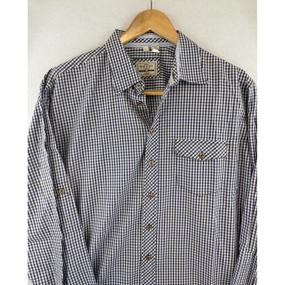 Haupt Germany Men's Gingham Check L/S Button Down, XL,‎ 43/44, 17.5, Brown Blue